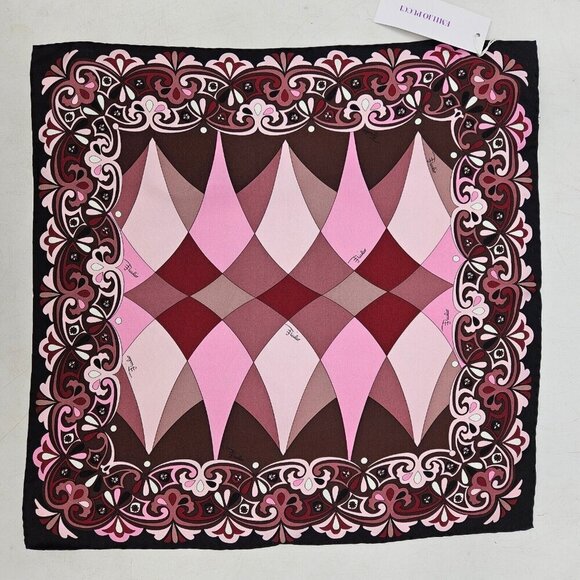 New Emilio Pucci Silk Pocket Square Brown Pink Black Swirl 16 x 16 - Picture 1 of 6